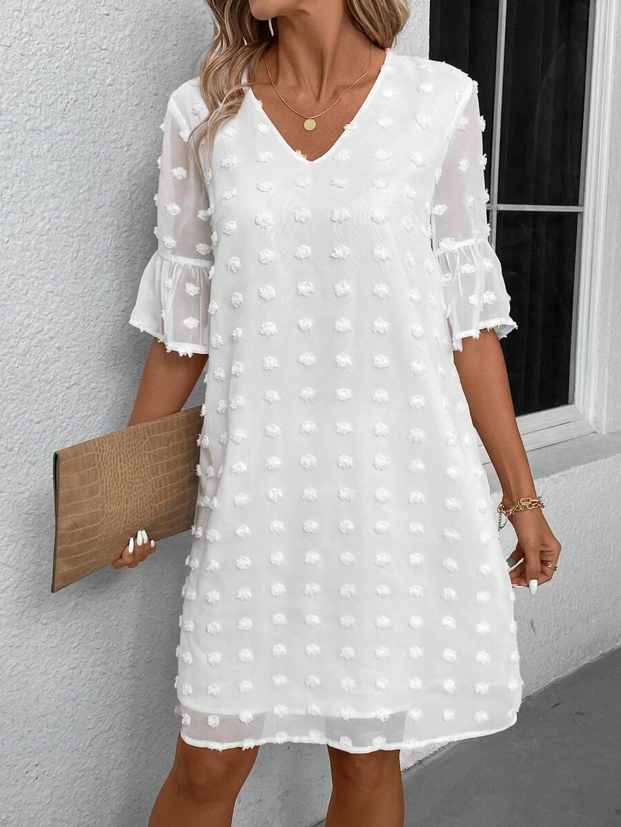 SHEIN Clasi Women's Swiss Dot Ruffle Sleeve Dress - Beige - View 1