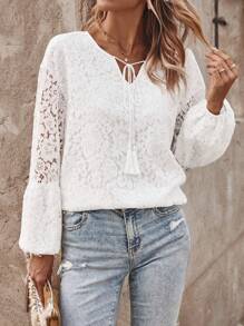 SHEIN LUNE Của phụ nữ Tay áo lồng đèn Ren Áo sơ mi - trắng - Xem 3