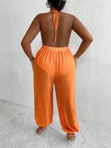 Flirla Plus Size Women's Pleated Halter Neck Jumpsuit - Burnt Orange - View 2