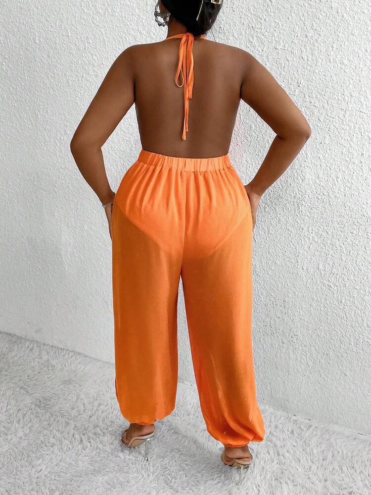 Plus Size Women's Pleated Halter Neck Jumpsuit
