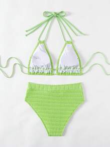 Swim Basics 女式紋理頸項比基尼套裝 - 綠色 - 查看 4