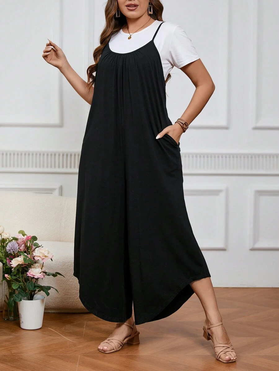 SHEIN LUNE Plus Size Solid Color Comfortable Jumpsuit With Asymmetrical Hemline And Pockets On Both Sides - Black - View 1