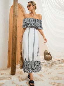 GENKIRA Printed Short Sleeve Off Shoulder Women's Dress - Multicolor - View 3