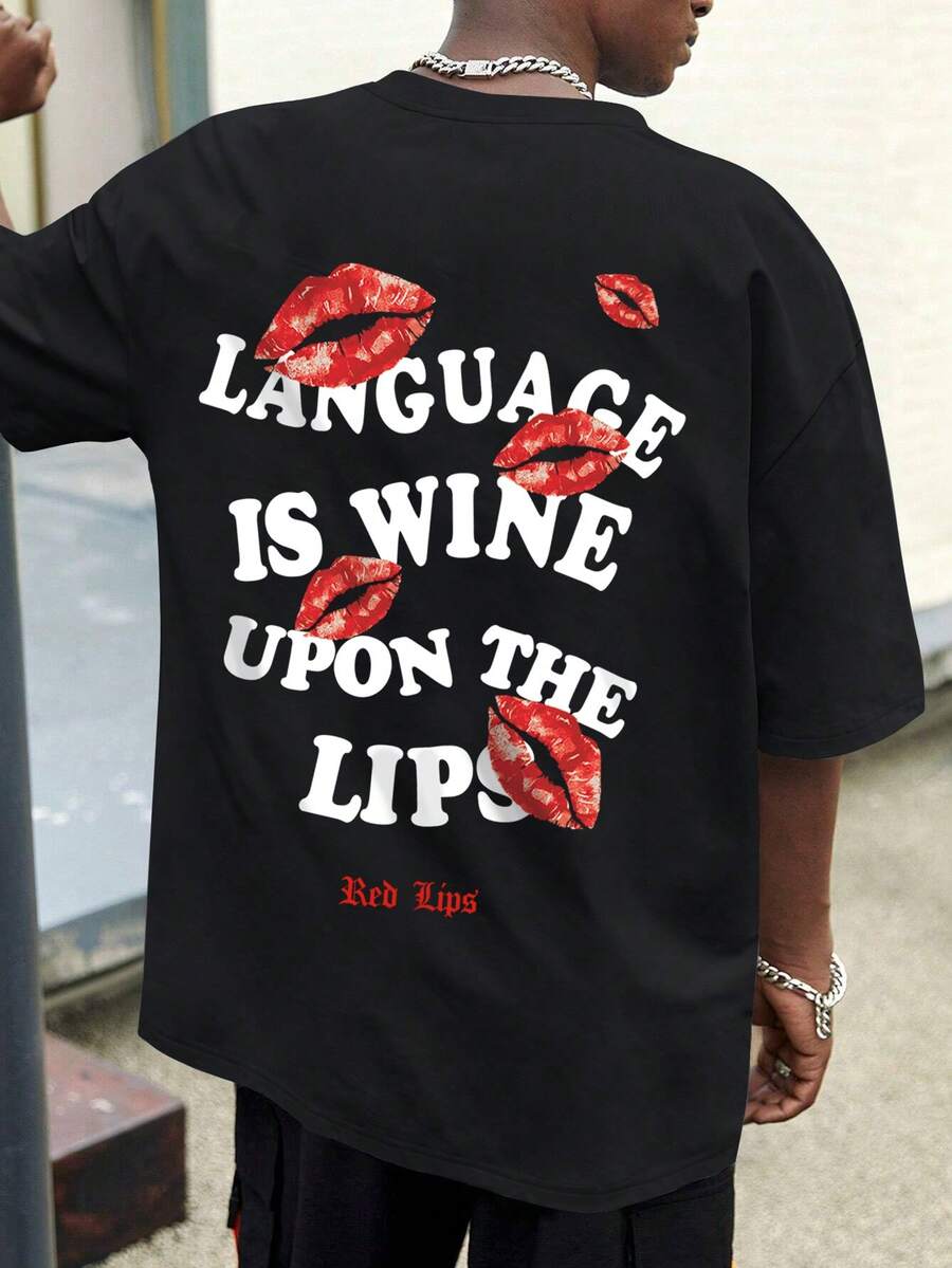 Manfinity EMRG 男款紅唇印花圓領短袖 T 卹 - 黑色 - 查看 1