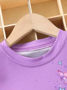 Young Girl Butterfly Printed Round Neck Short Sleeve T-Shirt