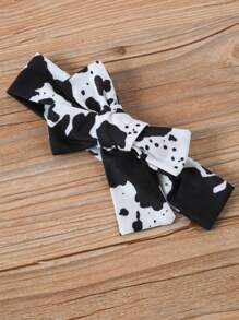 Baby Girl Fashionable And Casual Puff Sleeve Ribbed Bodysuit With Printed Flare Pants, Cute Hair Accessory, Simple Set For Spring And Summer - Black - View 6