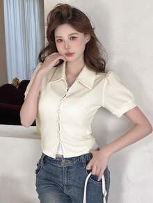 DAZY Women's Short Sleeve Button Up T-Shirt - White - View 6