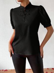 SHEIN Clasi Của phụ nữ Phong cách Trung Quốc Ống tay áo Có nút Áo sơ mi - màu đen - Xem 6