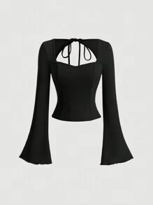 SHEIN MOD 女性純色空心綁帶鐘形袖t恤 - 黑色 - 查看 1