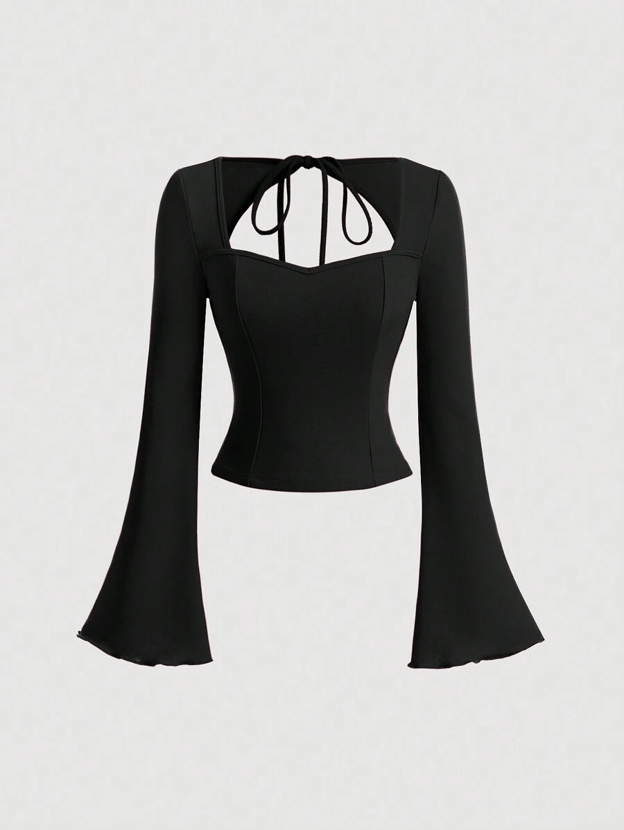 SHEIN MOD 女性純色空心綁帶鐘形袖t恤 - 黑色 - 查看 1