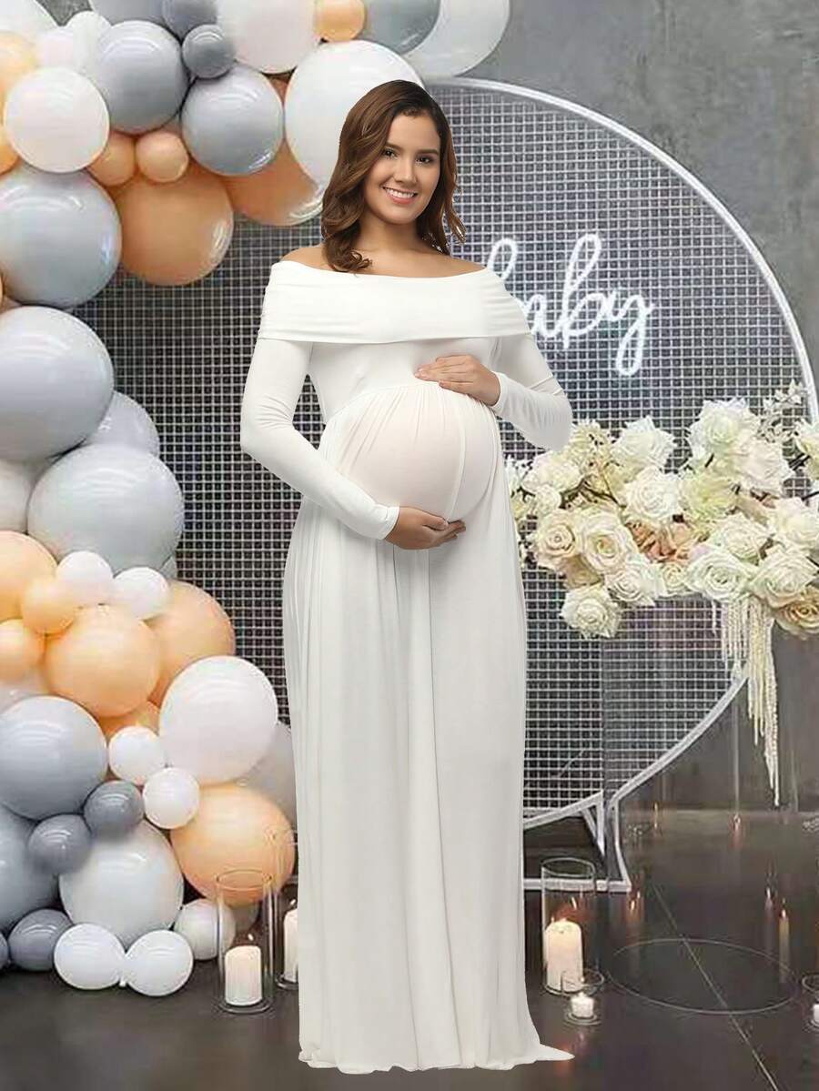 Vestido de maternidad para ducha de bebé de manga larga y hombros descubiertos para mujeres embarazadas - Blanco - Ver 1