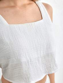 紋理方領短版家居服上衣 - 白色 - 查看 5