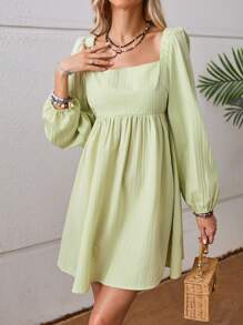 GENKIRA Square Neck Lantern Sleeve Dress - Green - View 5
