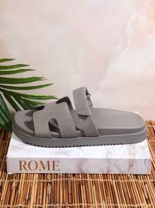 SHUZIA All-Time Women's Luxury-Inspired Hook And Loop Strap Cutout Round Toe Soft Footbed Flatform PU Elephant Grey Slide Sandals – Comfort & Versatile Summer Shoes Spring Shoes Spring Break Easter Vacation Shoes Casual Shoes Beach Shoes Mother's Day Present