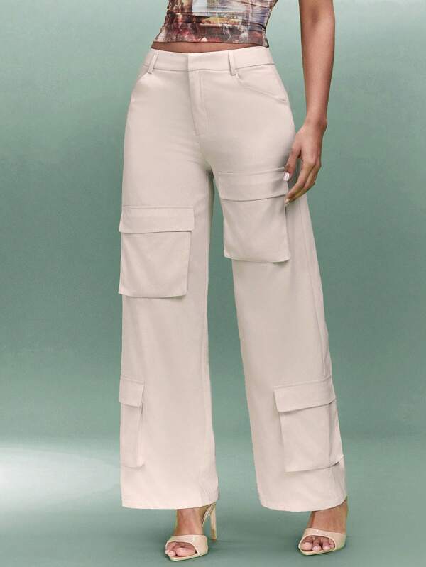 SHEIN BAE Pantalones De Carga De Pierna Ancha Con unicolor De Las Mujeres, Cintura Baja Con Corte En 3d Y Múltiples Bolsillos, Adecuados Para Primavera/verano, Perfectos Para Festivales, Fiestas, Citas, Conciertos De Música, Uso Diario Y Salidas