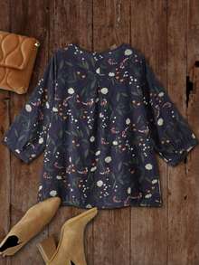 Plus Women's Vacation Floral Print Round Neck Long Sleeved Loose Shirt Tops Fall Clothes - Blue - View 2