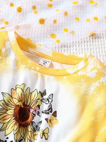 SHEIN Leap Crew Young Girl Knitted Flower Pattern Round Neck Loose Top And Knitted Flared Pants Set - Yellow - View 3