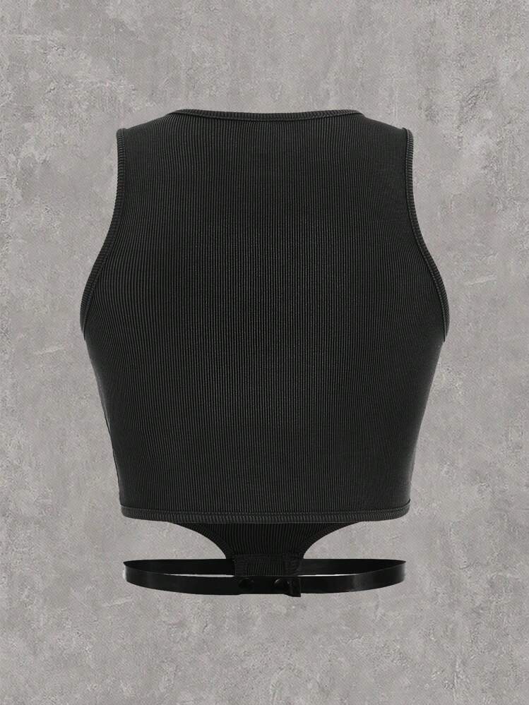 SHEIN EZwear Top De Punto Con Tirantes Atléticos Para Atar - Gris Oscuro - Ver 3