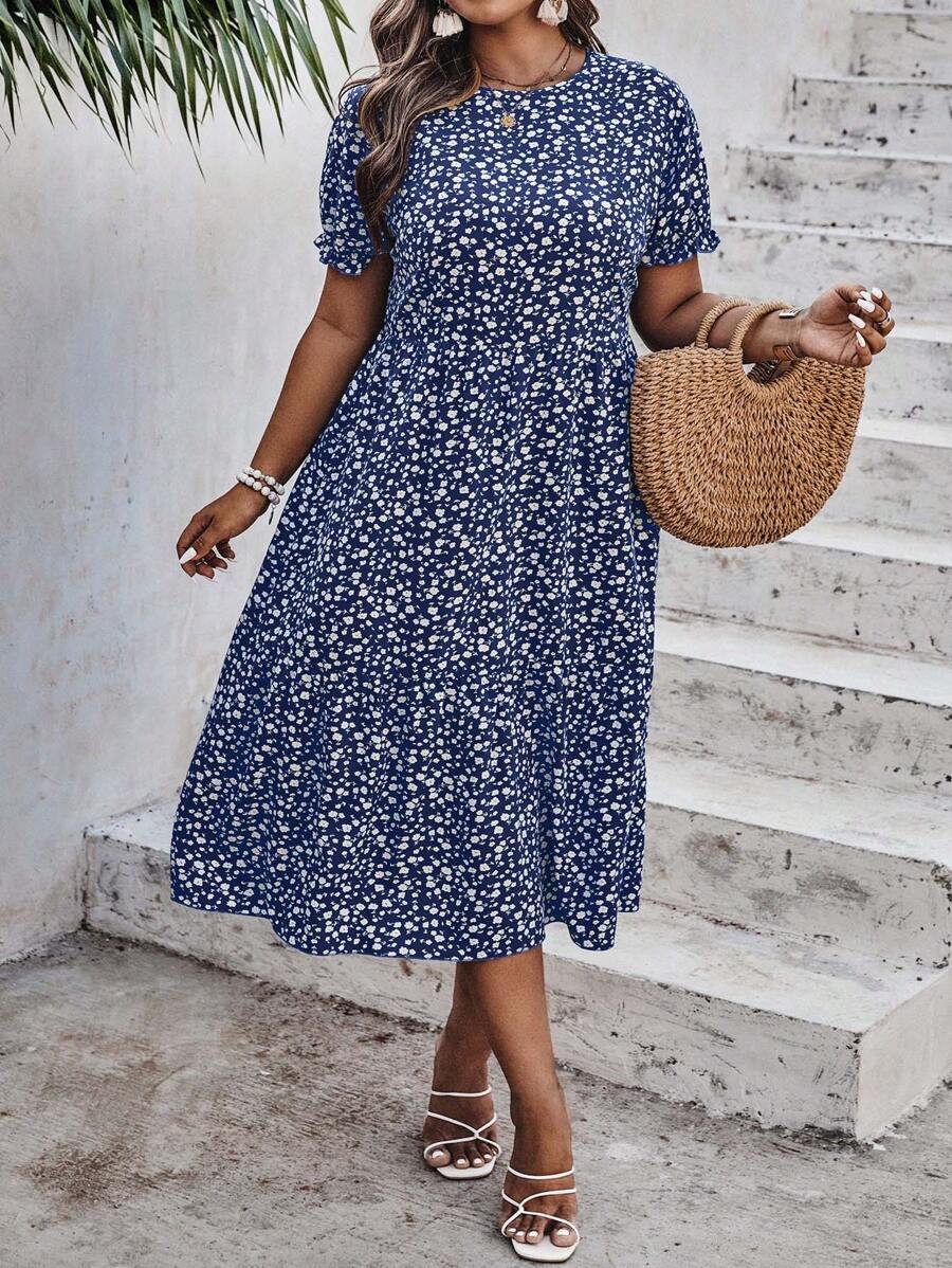 Breezaya 大尺碼迷你花卉印花連衣裙 - 藏蓝色 - 查看 1