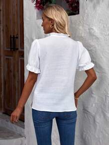 SHEIN LUNE 女士實色蕾絲拼接襯衫 - 白色 - 查看 2