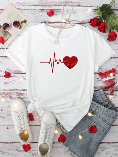 SHEIN Leap Crew ModeFlare Wear Tween 女童休闲简约心形圆领短袖 T 恤，适合夏季