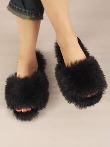 Fluffy Slippers For Women, Open Toe Indoor House Slippers, Soft And Warm For Autumn And Winter,Halloween - Black - View 5
