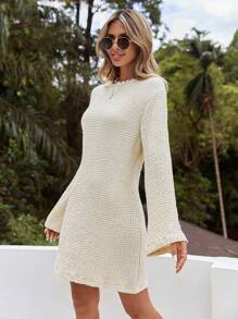 SHEIN Cottnline Women's Pure Color Textured Bell Sleeves Dress - Beige - View 4