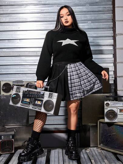 Grunge Punk Plus Size Star Pattern Long Sleeve Sweater