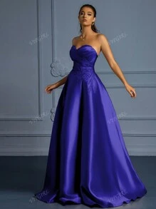 VIPGIRL Elegant Satin Strapless A-Line Gown With High Slit And Sequin Detail,Evening Dress Elegant,Women Evening Party Dress, Prom Dresses For Women,Formal Dress