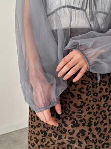 FRIFUL Women's Lantern Sleeve Mesh Top With Front Tie Sheer