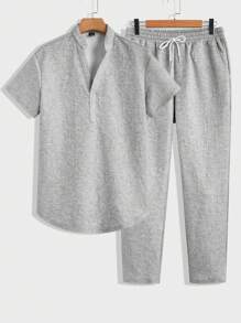 GENTILAND Loose-Fit Men's 2pcs/Set Letter Embossed Knitted Casual Short Sleeve And Pants Set - Grey - View 1