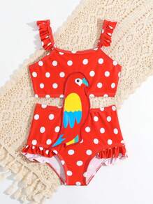 Baby Girl Polka Dot & Bird Print Applique Ruffle One-Piece Swimsuit - Multicolor - View 3