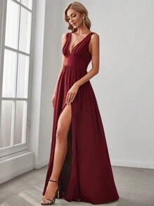 Spring V-Neck High Waist Slit Formal Dress, Burgundy Bridesmaid Dress, Wedding Guest Dress, Women's Christmas Party Dress - Burgundy - View 4