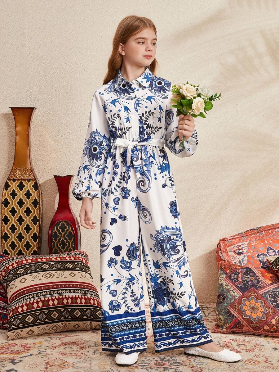 SHEIN Tween Girl Plants Pattern Collar Shirt Jumpsuit - White - View 1