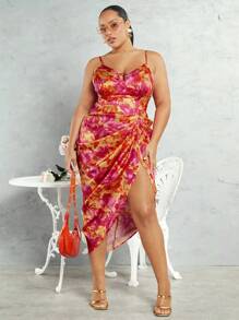 SHEIN BAE Kích thước lớn Của phụ nữ Đầy màu sắc In hoa Váy dây treo Với Dây đai mỏng Đối với Mùa xuân/Mùa hè Kỳ nghỉ - trái cam - Xem 1