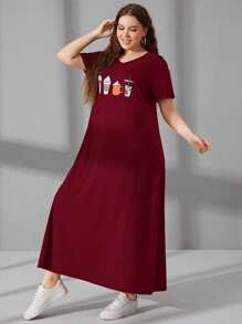 Mulvari Burgundy Red Plus Size Pattern Printed V-Neck Short Sleeve Dress - Burgundy - View 3