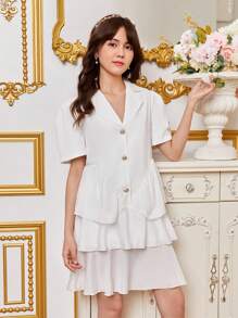 Thiếu niên Cô gái Đúng mốt Tay áo phồng Đầm Với Áo vest Vòng cổ - trắng - Xem 5