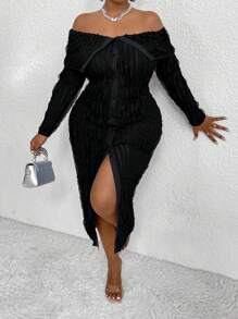 Flirla 大码露肩长袖翻领紧身连衣裙长款女装