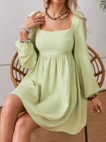 GENKIRA Square Neck Lantern Sleeve Dress - Green - View 4