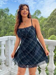 SHEIN EZwear Plus Size Knitted Mesh Spaghetti Strap Dress For Summer - Multicolor - View 5