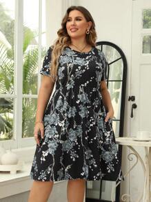 Nemidor Plus Size Floral Printed Dress - Black - View 1