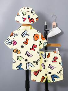 SHEIN Young Boy' Letter Pattern Short Sleeve Shirt And Shorts 2-Piece Set - Yellow - View 2