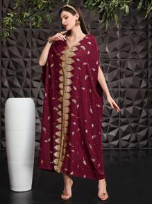 Al Najma Burgundy Red Women's Cape-Style Turkish Long Shirt With Feather Print & Gold Foiling