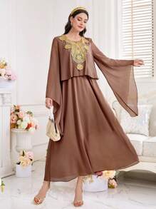 Al Najma Women'S Water-Soluble Lace Patchwork Flare Sleeve Dress Eid Dress