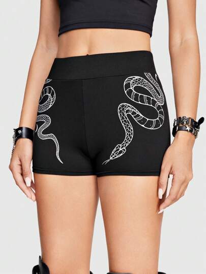 Goth Snake Print Elastic Fashion Biker Legging Shorts, Summer Sports