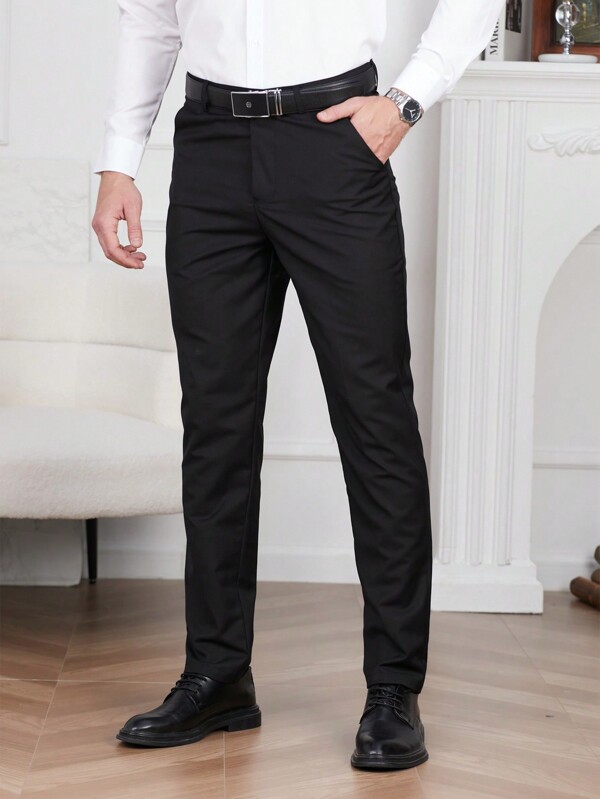 Manfinity Mode Men's Solid Color Suit Pants With Oblique Pockets, Belt Not Included