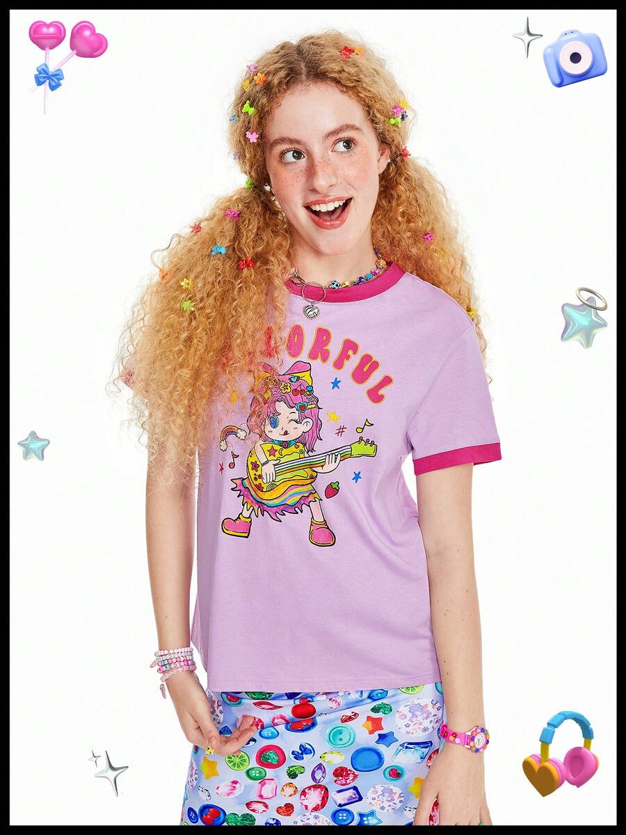 SHEINNeu Kidcore 色块边缘 T 恤图案 T 恤春假演唱会超大 T 恤粉色女式连衣裙夏季 T 恤夏季女式 - 彩色 - 查看 1