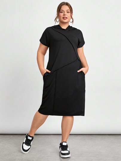 SHEIN Essnce Plus Size Women's Loose Casual Hooded Black Patchwork Stitching Design Dress