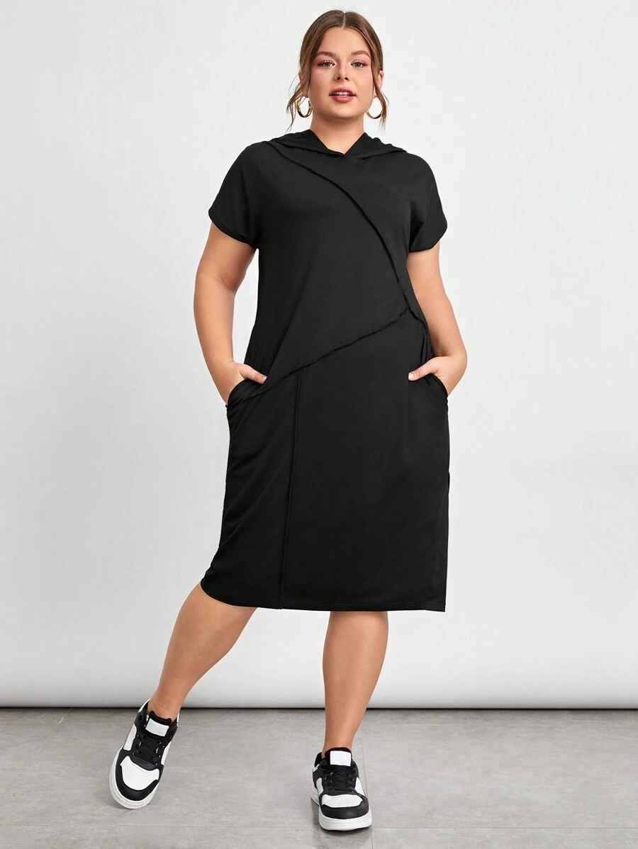 SHEIN Essnce 大码女式宽松休闲连帽黑色拼布拼接设计连衣裙