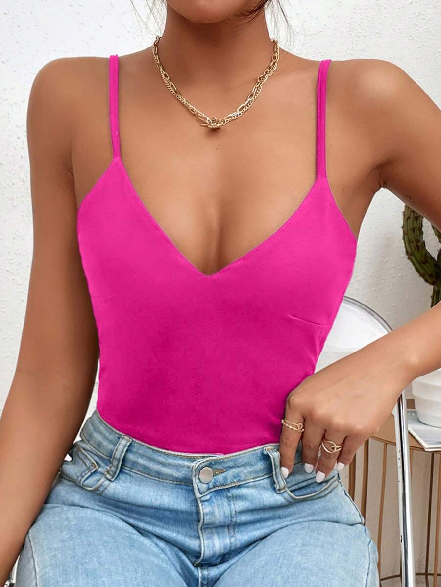 SHEIN Essnce Women's Deep V-Neck Spaghetti Strap Bodysuit - Hot Pink - View 1